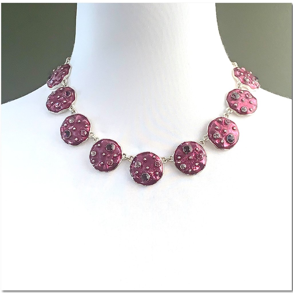 Dolce Vita Silver And Dark Pink Crystal Disc Statement Necklace Euc